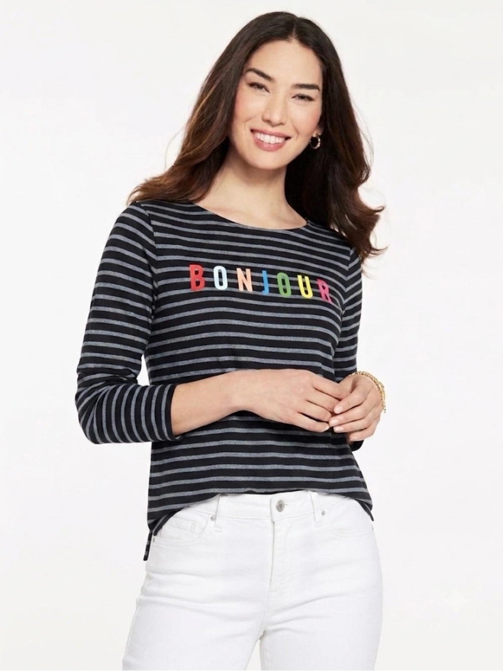 Talbots BONJOUR Blue Striped Long Sleeve Knit T-Shirt Top M Preppy French